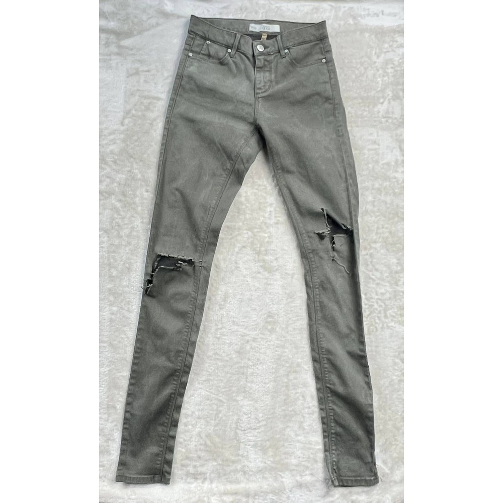 Topshop Moto Leigh Skinny Jeans W25 L32 Olive Green Distressed Shredded Knee